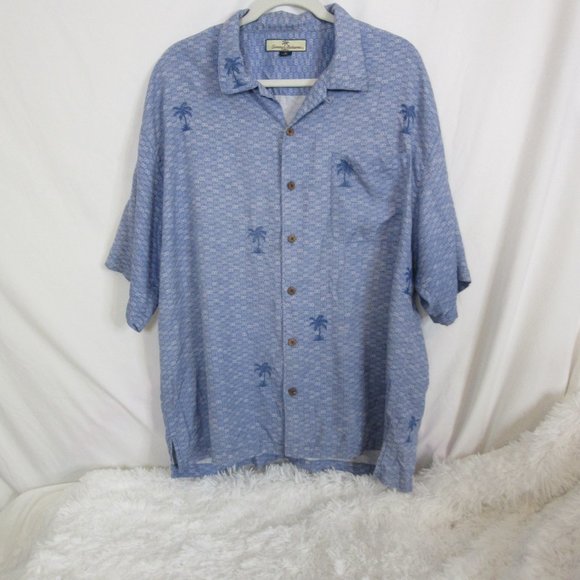 Tommy Bahama Pinup Girl Short Sleeve 100% Silk Button Up Shirt Blue Size XL - Picture 2 of 10